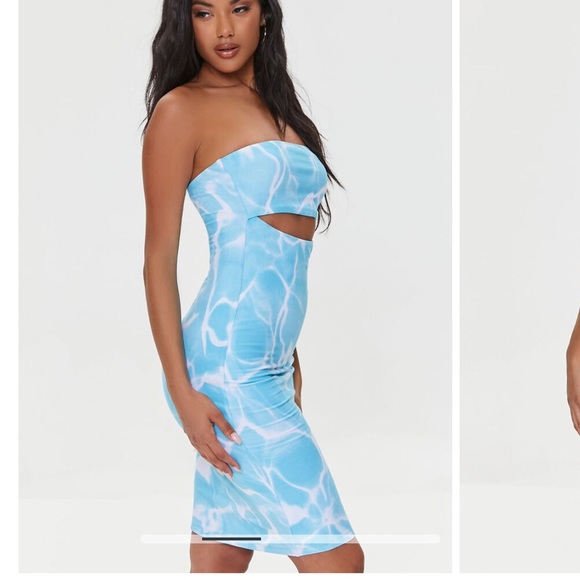 Forever 21 Strap less Aqua Blue Dress with whimsical watermark print  size small - Picture 1 of 13